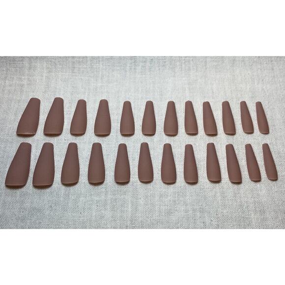 Taupe Press On Nails Set Matte Brown Long Coffin Shape with Glue 25 pc Fake Kit - Picture 2 of 4